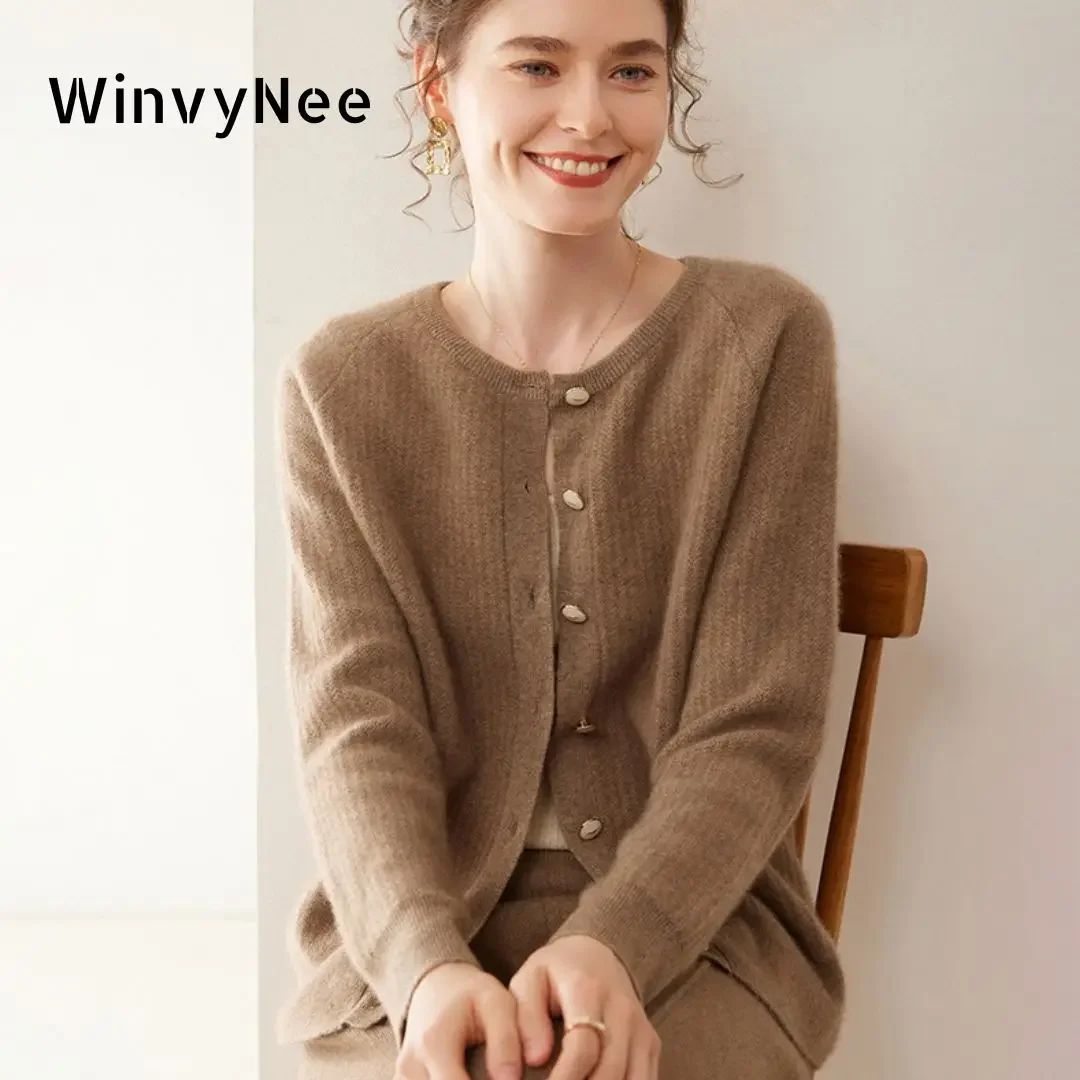 Фото Женская одежда WinvyNee: Кашемировые шерстяные кардиганы и свитеры, однотонные повседневные модели с круглым вырезом, длинным рукавом, вязаные, зимние укороченные пальто B1054037 №1