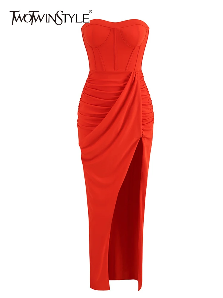 

TWOTWINSTYLE Solid Split Sexy Dresses For Women Strapless Sleeveless High Waist Patchwork Folds Elegant Dress Female Fashion New