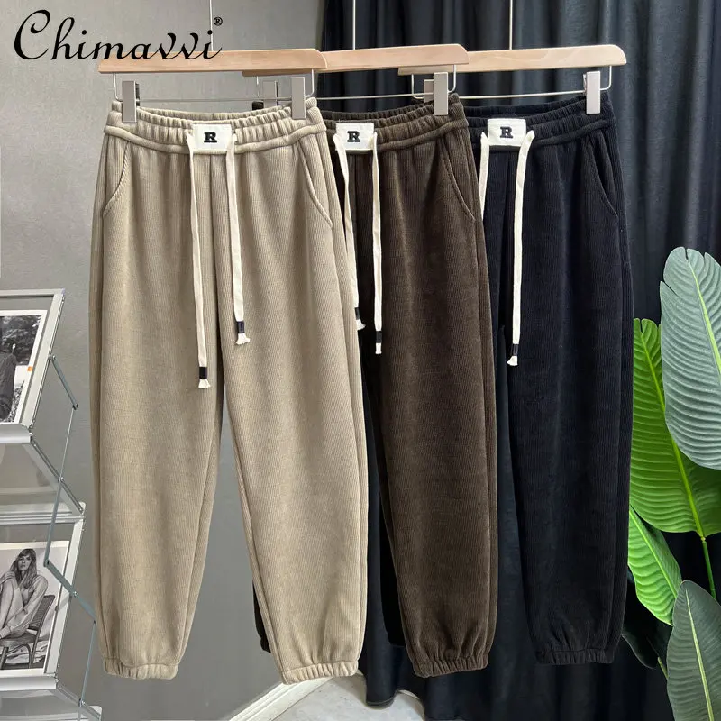 

Fashion Velvet Padded Casual Pants Women's 2022 Winter Clothes New R Letter High Waist Slimming Loose Tappered Sports Pants