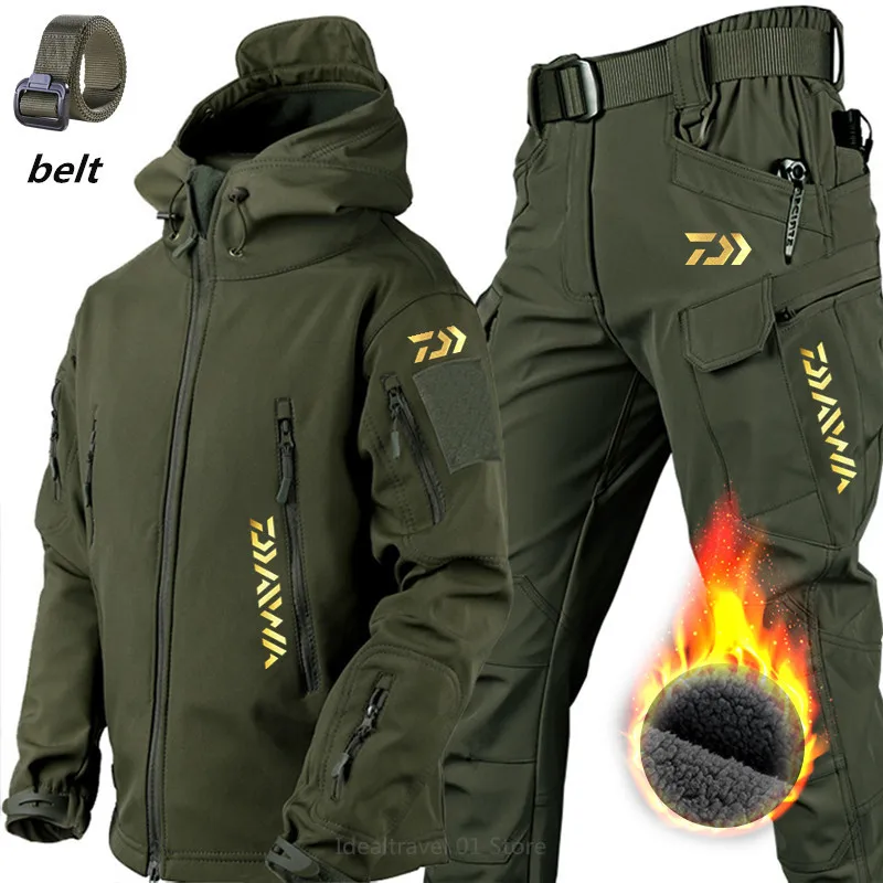 

Daiwa Winter Autumn Tactical Elastic Men Fleece Jackets Waterproof Fishing Suit Warm Hiking Camping Tracksuits Set Hood Coat