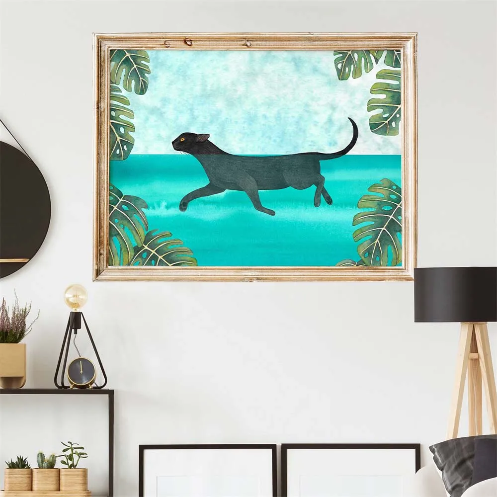 

Black Cat Swim Summer Watercolor Painting Poster Monstera Room Decor Blue Green Canvas Picture For Bathroom Home Wall