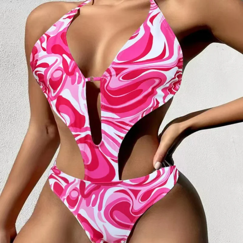 

2023 New Women's Swimsuit One-piece Printed Bikini Lace Up European and American Sexy Swimsuit Bikini Bathing Suit Women