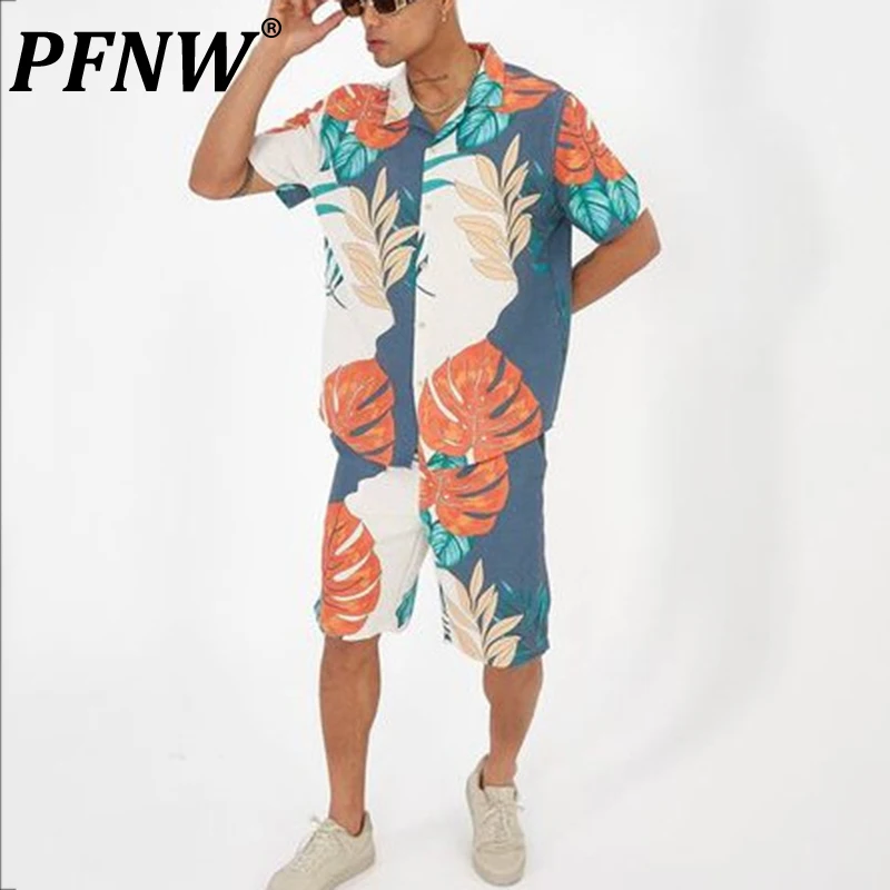 

PFNW Spring Summer New Men's Short Sleeve Shirts Shorts Beach Holiday Niche Two Pieces Set Leisure Trend Print Y2k Sets 28A2680