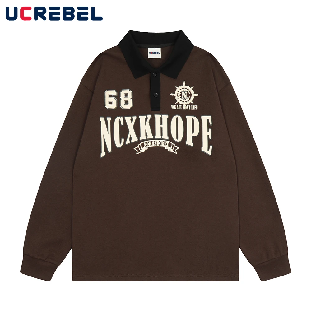 

Рубашка-поло мужская с буквенным принтом, уличная одежда в стиле ретро, хлопковый топ свободного кроя с отложным воротником и длинными рука...