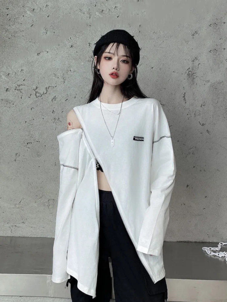 

Y2K Techwear Zip Up T Shirts Women Harajuku Punk Off Shoulder Tee Loose O-neck Long Sleeve Sexy Tops Hip Hop Streetwear