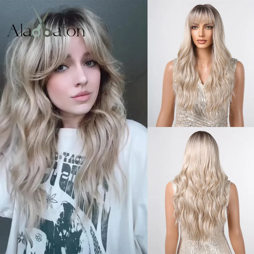 

ALAN EATON Long Blonde Wave Wigs with Bangs for White Women Ombre Curly Synthetic Hair Wig Natural Looking Heat Resistant Fiber
