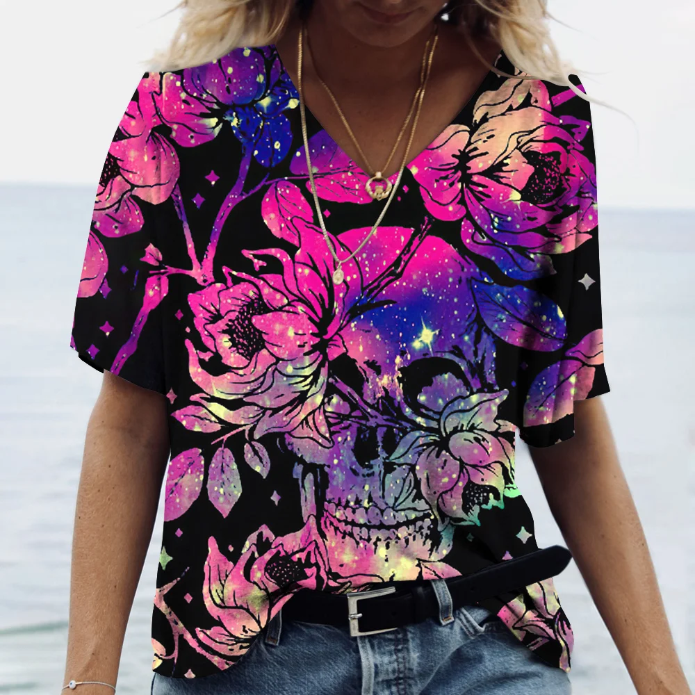 

Женская футболка с коротким рукавом, V-образным вырезом и 3D-принтом черепа