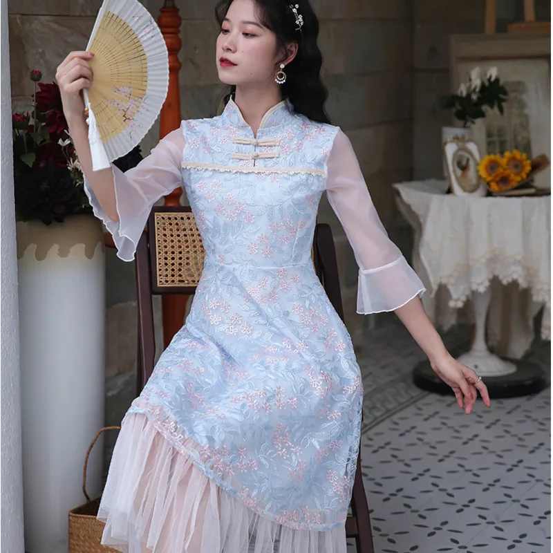 

Women Chinese Long Lace Floral Dress Elegant Vintage Party Robe Modern Improve Modified Fairycore Cheongsam Ethnic Clothing New