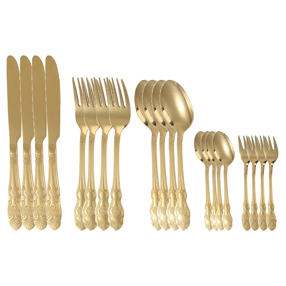 

16/20pcs Dinnerware Set Stainless Steel Western Gold Royal Cutlery Silverware Spoon Tea Forks Knives Embossed Handle Tableware