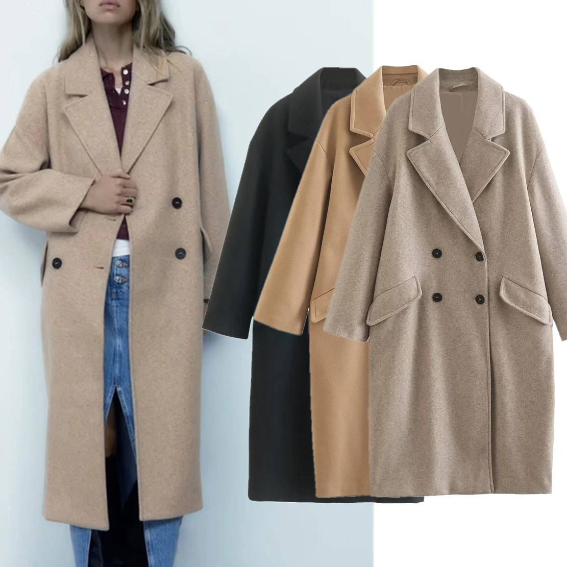 

Maxdutti French Fashion Retro Loose Woolen Long Coat Women Trenchcoat Women Double Breasted