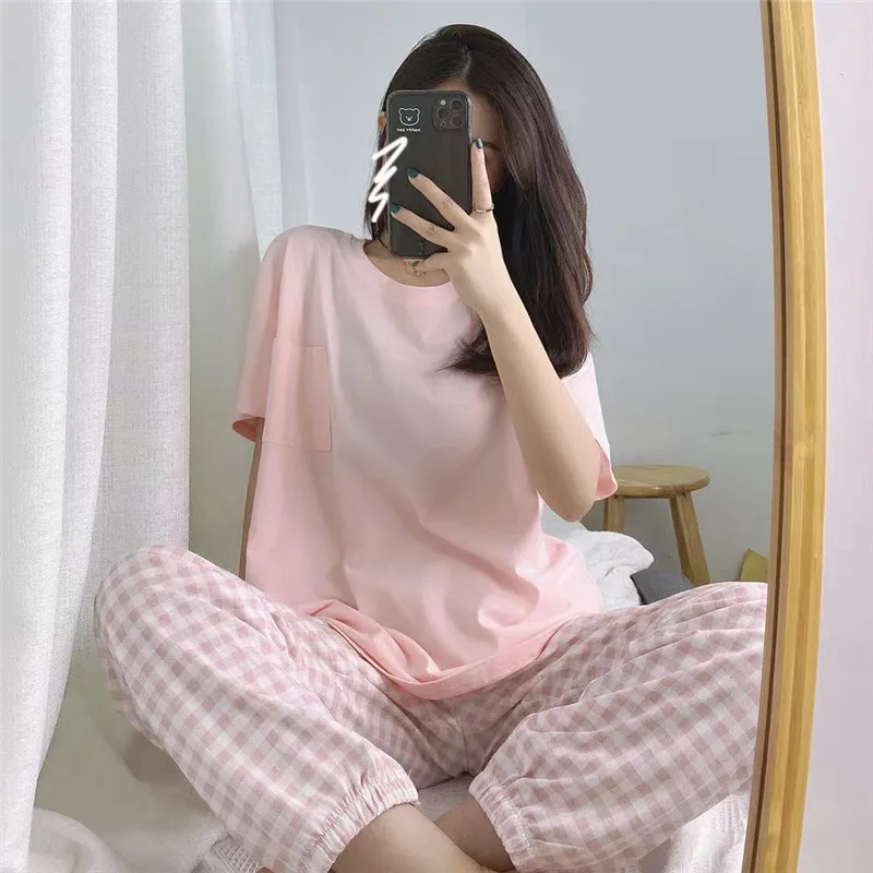 Women's Pajamas Sets Summer Fashion Short Sleeve Trousers Two Piece Set Pyjamas Korean Style Clothing Homewear Sleepwea