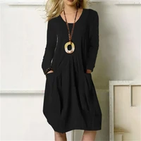 popular autumn dress pleated lightweight autumn solid color long sleeve pullover dress loose dress casual dress