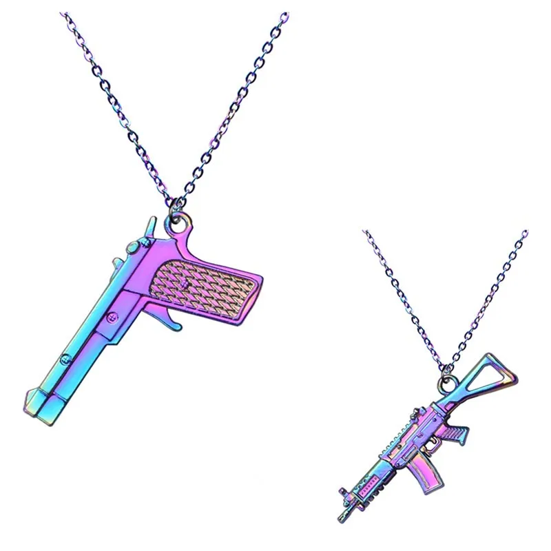 

Machine Gun Pendant Necklace For Women Men Chain Around Neck Fashion Jewelry Rainbow Necklaces Couple Gift Collares Para Mujer