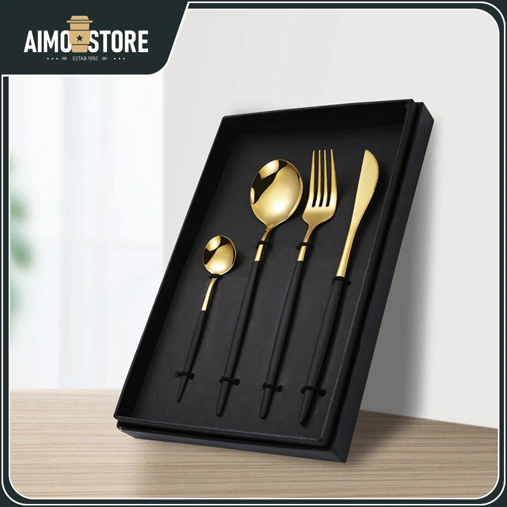 

4pcs/set stainless steel knife, fork and spoon set Portuguese tableware Western black gold steak knife, fork and spoon