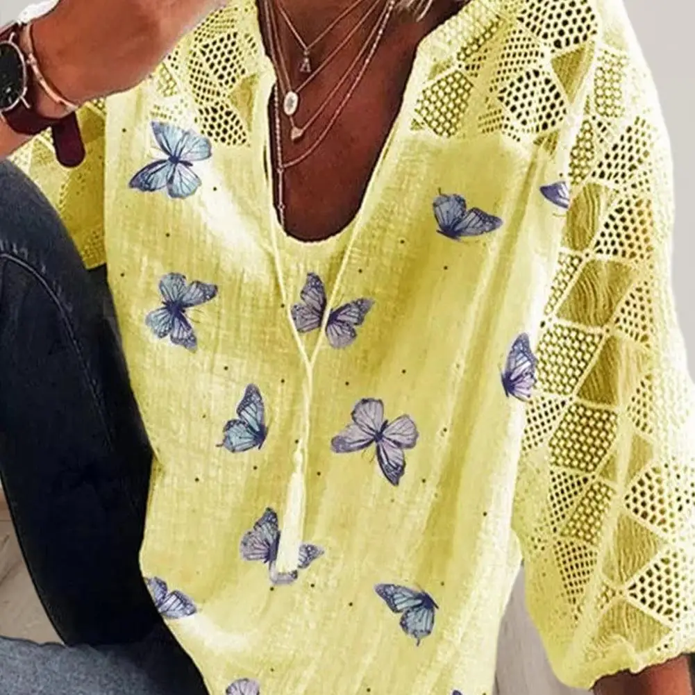 

Chic Summer Blouse Hollow Out Rhombus Texture Women T-shirt Soft Vintage Summer Top