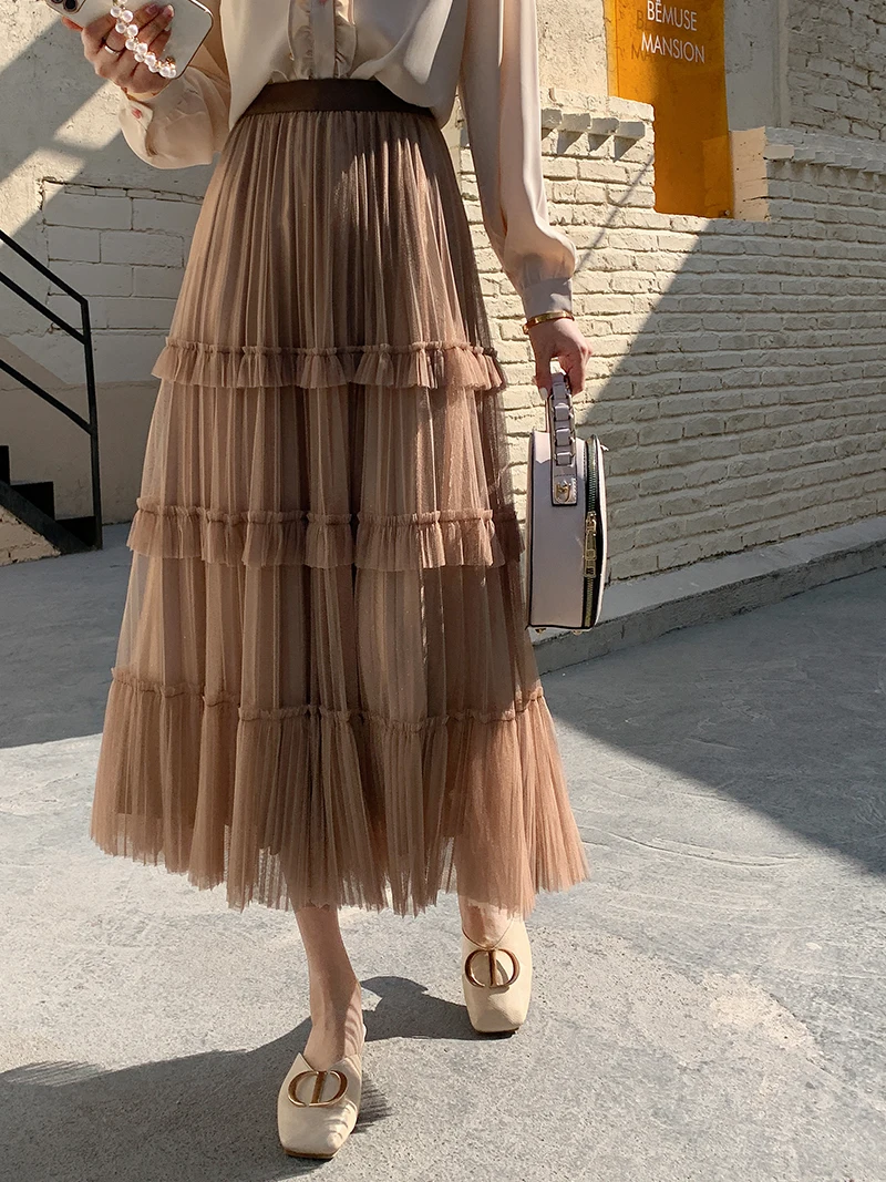 

TIGENA Tiered Tulle Skirt Women 2022 Summer Korean Elegant Solid All-match A Line High Waist Pleated Long Maxi Mesh Skirt Female