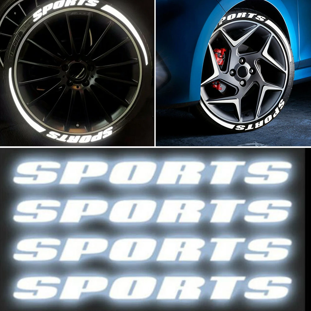 

8pcs Car Stickers SPORTS Tire Lettering Stickers Reflective Letters Decals 1.06'' Height Exterior Accessories For 14''-22'' Tire