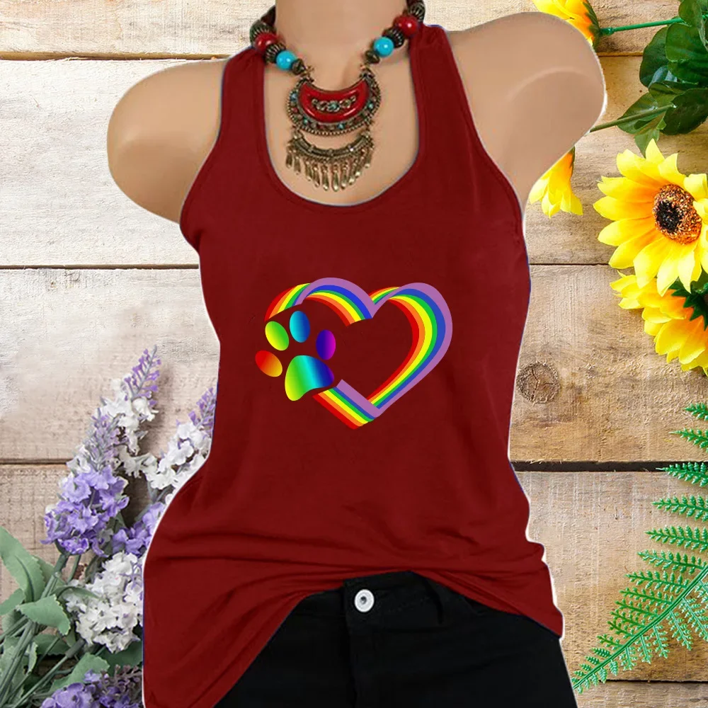 Весенняя трансграничная женская футболка 2020 собачья лапа радужное сердце узор с