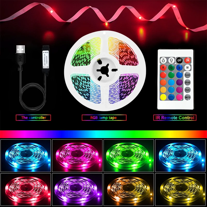 RGB 5050 5V Led Strip Lights  5 to15 Meters Colorful Tape USB Connector With Remote Battery TV Desktop Screen BackLight 69179