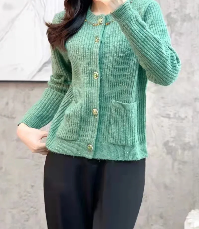 2022 Autumn Winter Fashion Knitted Cardigans High Quality Ladies Hand Made Beading Pocket Deco Long Sleeve Casual Green Cardigan