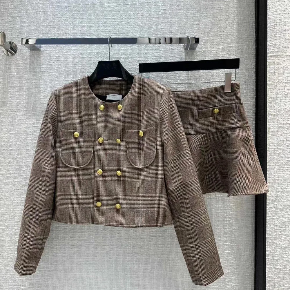 

Женский винтажный клетчатый костюм, двубортный охотничий жакет с заниженной талией и юбкой в виде листьев лотоса