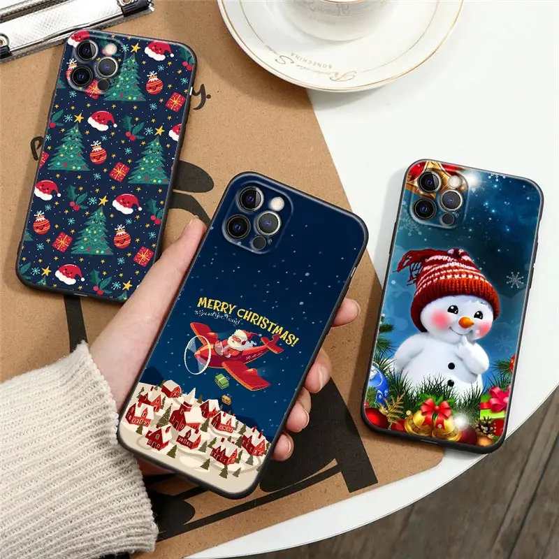 

Merry Christmas Gift Santa Claus Snowman Black Silicone Phone Case for IPhone 12 11 13 14 Pro Max XS XR 8 7 Plus SE Cover Fundas