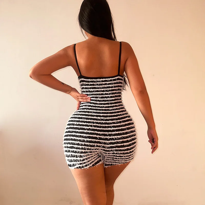 Spaghetti Straps Striped Knitted Playsuit Women Sexy 2023 Summer New Streetwear Cute High Waist One Piece Bodycon Shorts Rompers