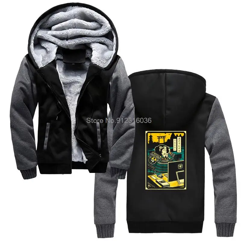 

Programmer Samurai warrior computer Hoodie Winter Men Jacket Thicken Hoody Coat Hooded Sportswear Streetwear anime