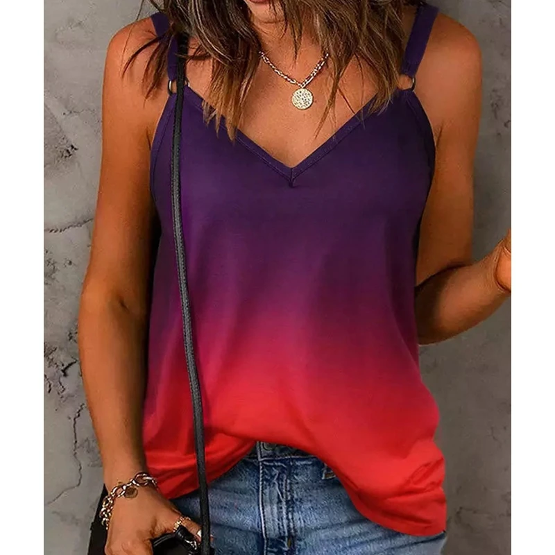 

Women Vest Top Summer Sexy Gradient Color Pullover Vest Women Fashion Sleeveless Spaghetti Strap V-neck Pullover Vest Camis Top