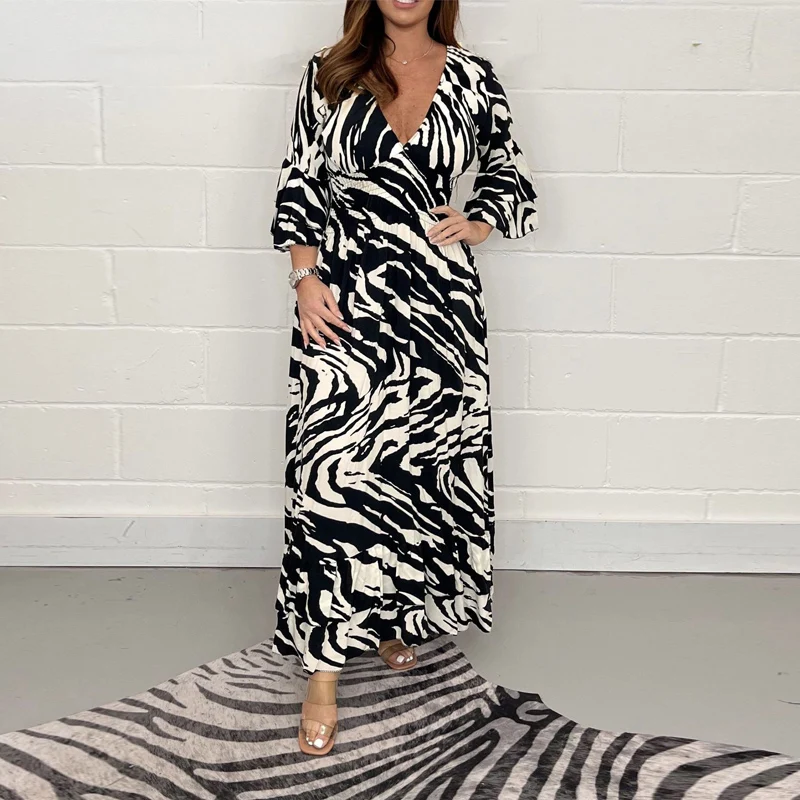 

Sexy Women V Neck High Waist Pleat Party Dress Summer Elegant Flare Sleeve Beach Dresses Early Autumn Fashion Printed Long Dress