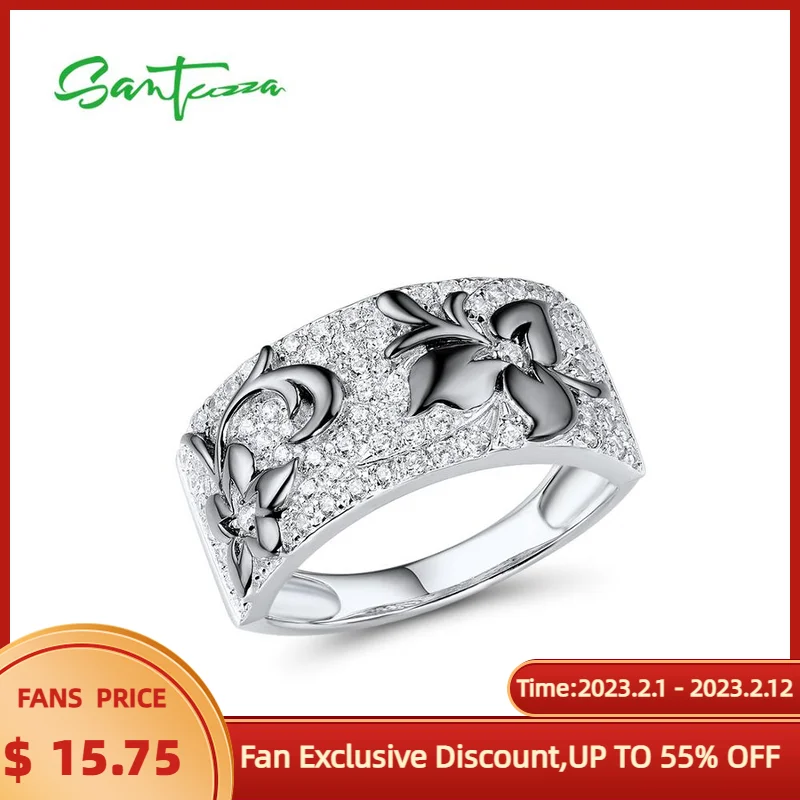 

SANTUZZA Silver Rings For Women Pure 925 Sterling Silver Sparkling White Cubic Zirconia Black Flowers Fashion Fine Jewelry