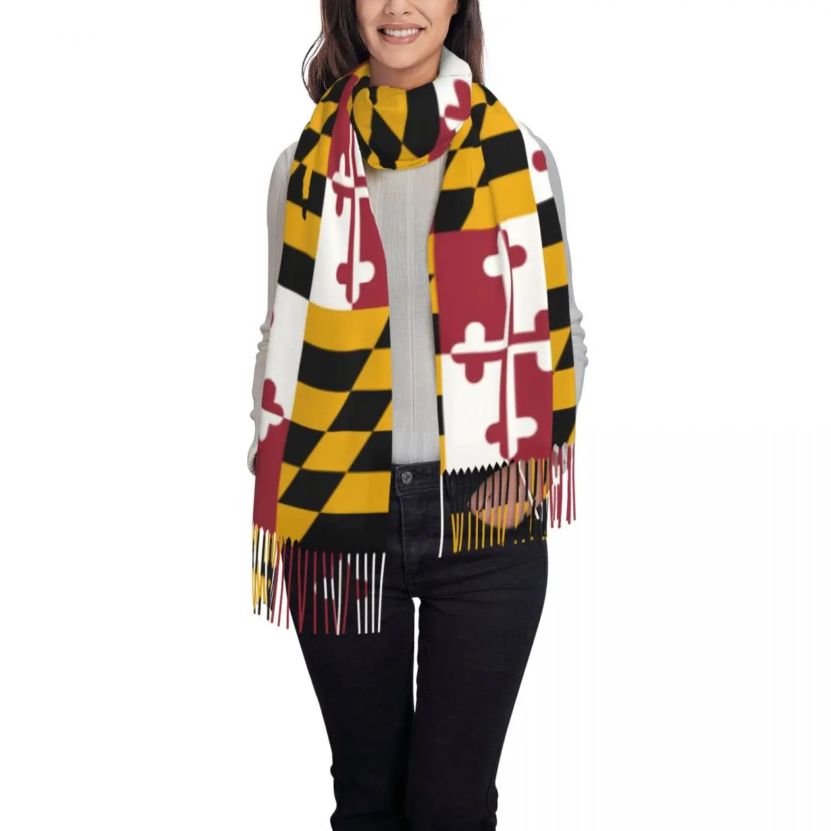

Womens Scarf Winter Maryland State Flag Thin Warm Cape Wraps Female Bandana Pashmina Long Tassel Female