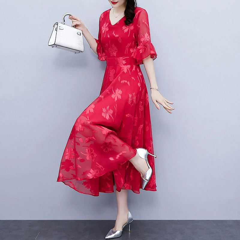 Платье-Макси женское шифоновое элегантное приталенное однотонное пляжное