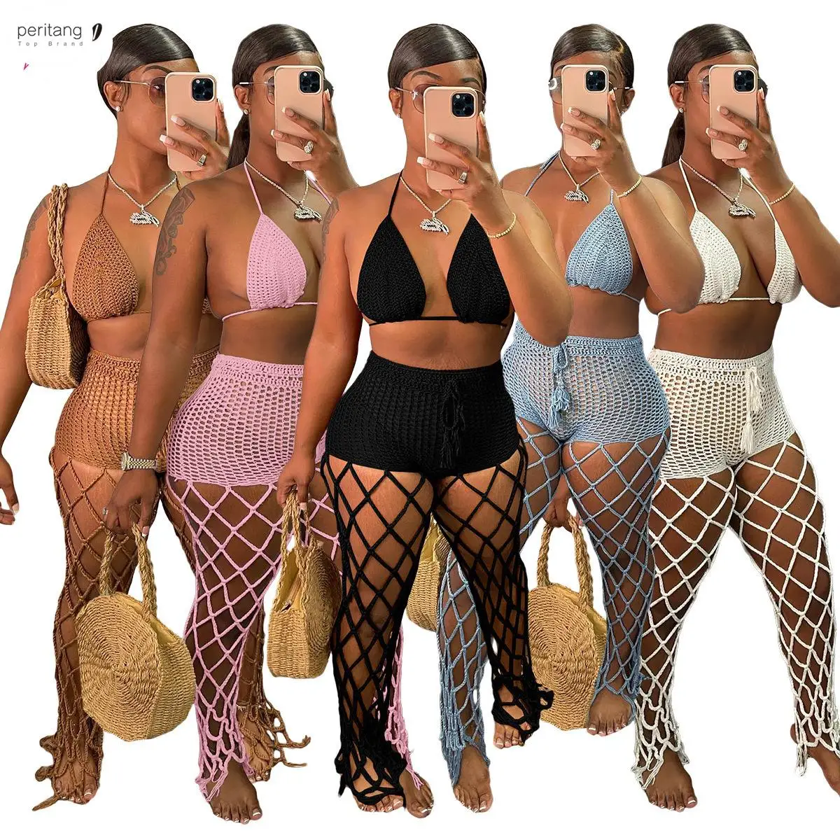 

Hand Crochet Two Piece Set Summer Beach Outfits Women Sexy Lace Up Bra Top Hollow Out Fishnet Tassel Pants Vacation Suit