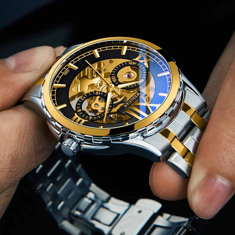 

WEIGUAN Gold Automatic Watch Men Stainless Steel Strap Skeleton Mechanical Watches Top Brand Luxury Luminous Pointer Watch 6018