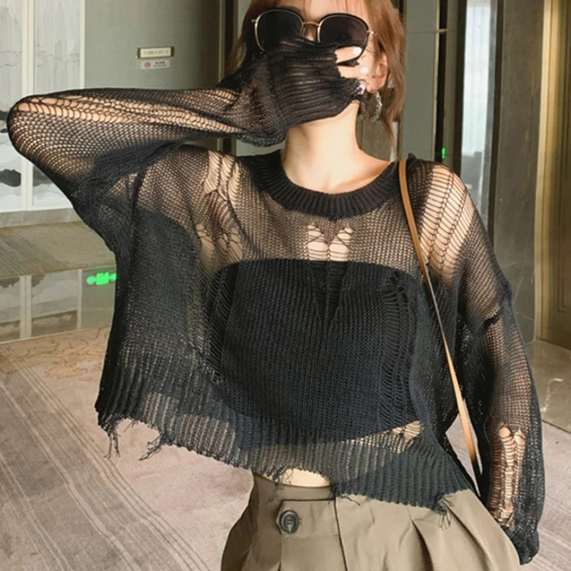 

Black Gothic Women Pullover Hollow Out Loose Knitwear Grunge Stretch Short Top Women Streetwear Split Thin Sun Protection