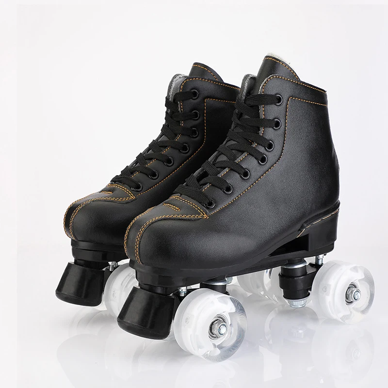 Unisex Black PU Leather Roller Skates Skate Sliding Inline Skates Sneakers Training Euro Size 4 Wheel Flash Wheels