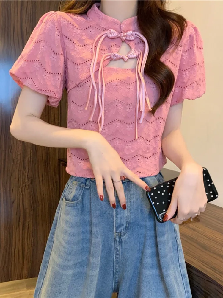 Китайские рубашки с короткими рукавами и открытой пряжкой на шнуровке женские