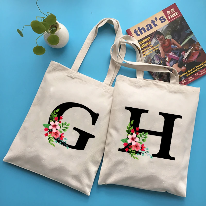 

Ladies Shopping Bag All-match Alphabet Flower Print Foldable Reusable Cloth Shopper Harajuku Style Bag Student Canvas Tote Bag