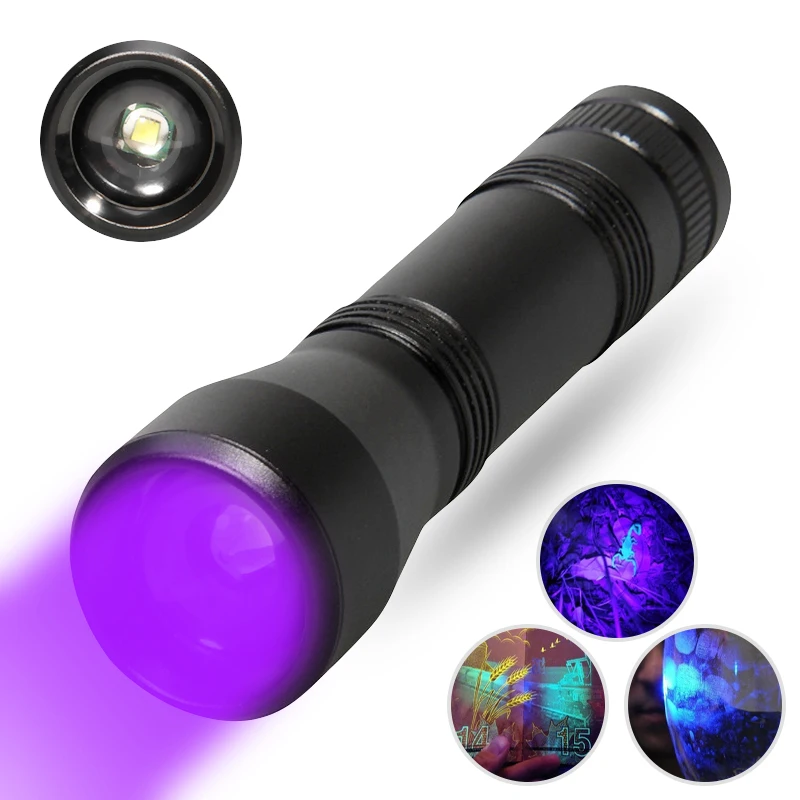 

High Quality 395nm UV Light T6 LED UV Light Zoom Flashlight Torch Light Lamp Safety UV Ultraviolet Detection 18650 Battery