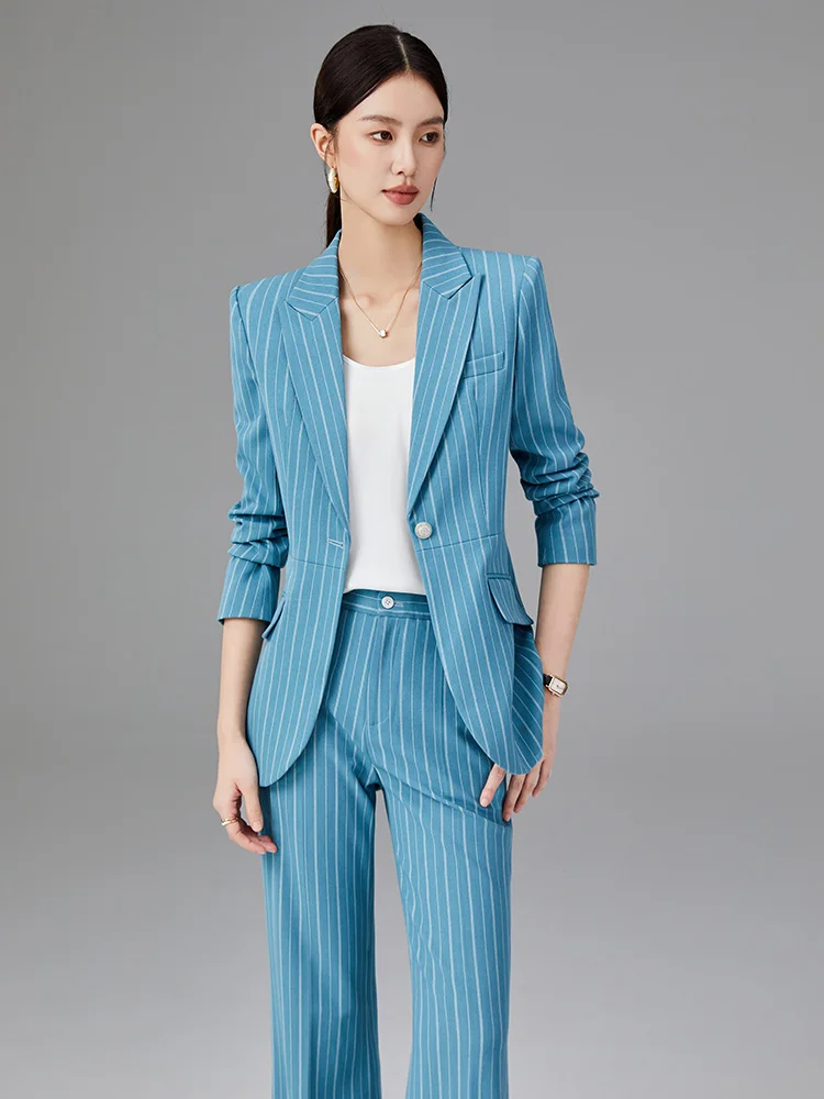 Women Suit 2024 Autumn New Western Sle Fashion Blue Stripe Set Design Fried Street Commuting |
