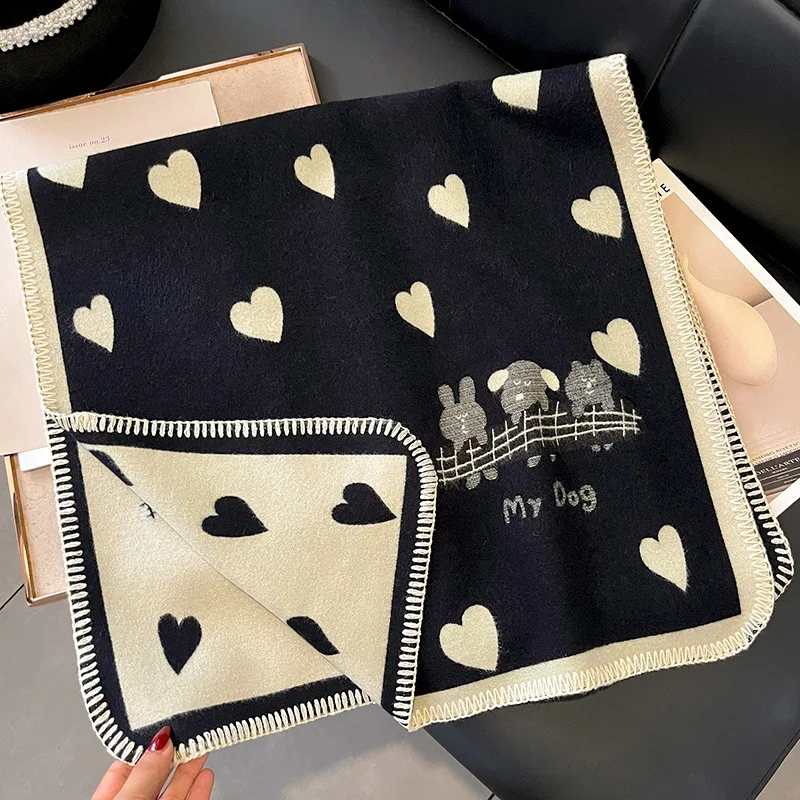 

2023 женский двусторонний кашемировый шарф, модный мягкий однотонный зимний дизайн с сердечками, толстая теплая шаль, женская универсальная бандана Bufanda