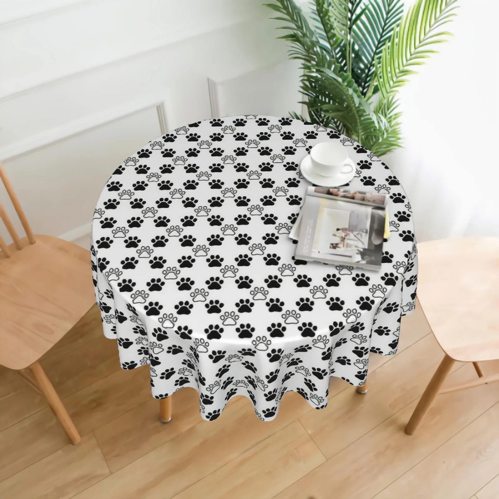 

60 Black and White Dog Paw Round Tablecloth Washable Resistant Water-Proof Table Cloth for Dining Table Party Home Decor Inches