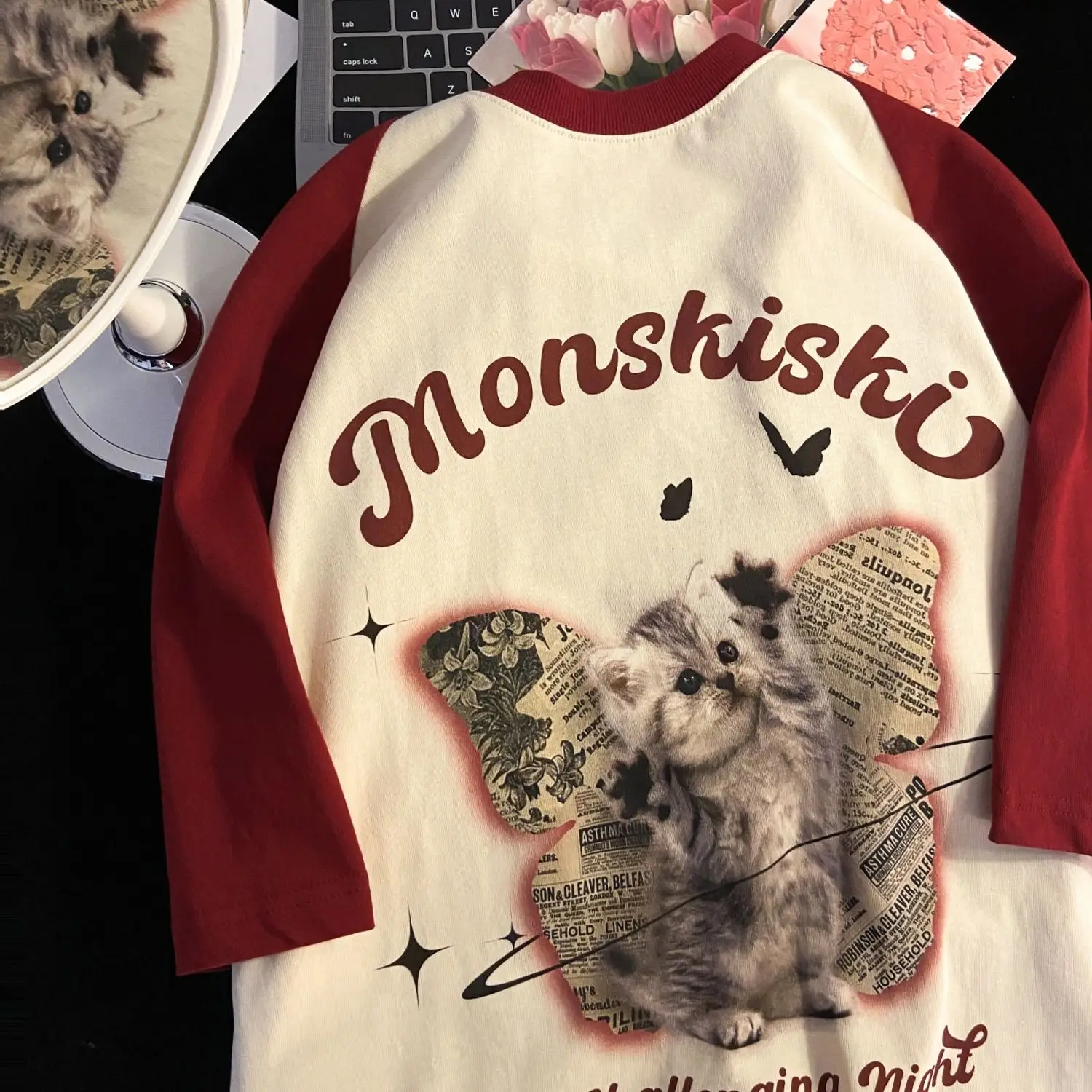 

Wear pure cotton color matching raglan sleeves cat short-sleeved t-shirt women's summer new retro half sleeved top ins y2k top