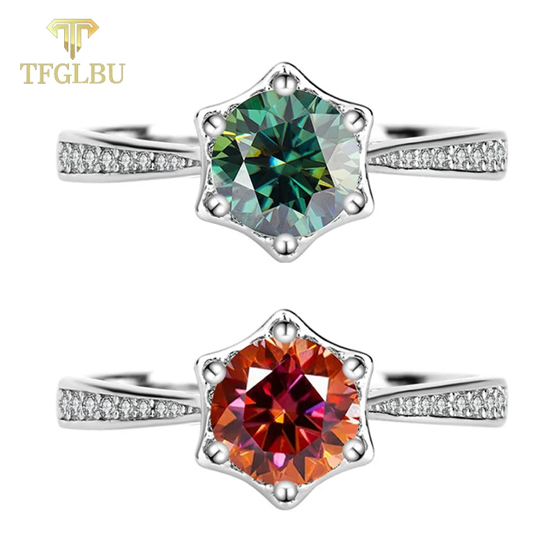 

TFGLBU 1CT Certified Moissanite 925 Sterling Sliver Ring for Women Colorful Couple Hexagram Band Trendy Engagement Birthday Gift