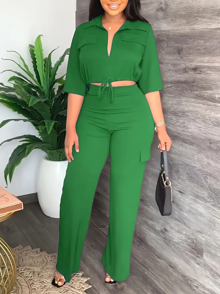 

Elegant Women's Sets Casual Drawstring Tops High Waist Pant Sets 2023 Summer New Matching Sets Fashion 2 Piece Sets Women Outfit