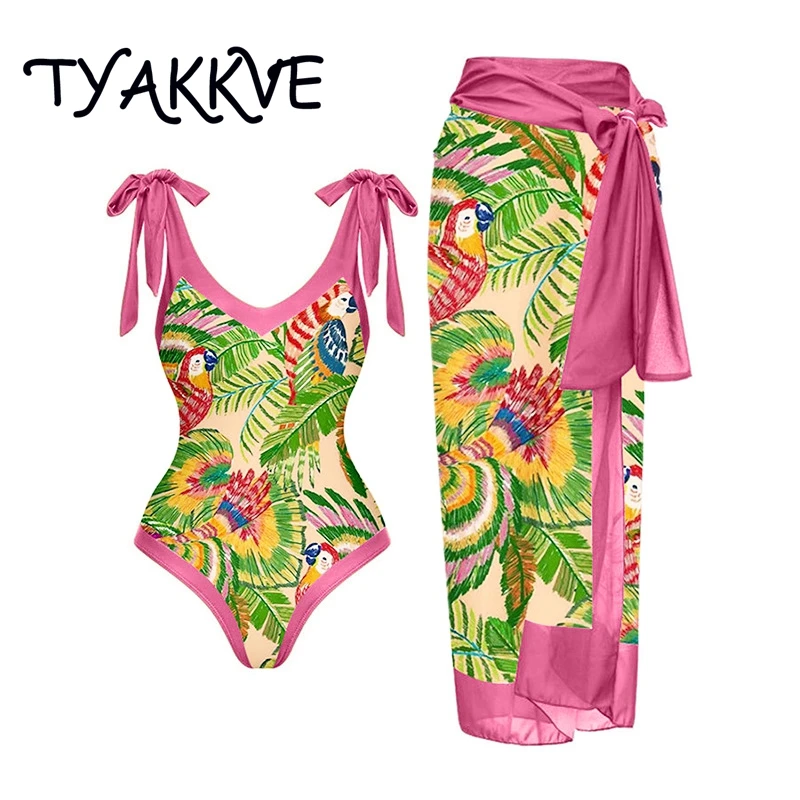 Купи TYAKKVE 2023 Sexy Swimsuit One Piece Swimwear Woman Monokini Cover Up Vintage Backless Print Swim Suit Skirt Beach Bathing Suits за 881 рублей в магазине AliExpress