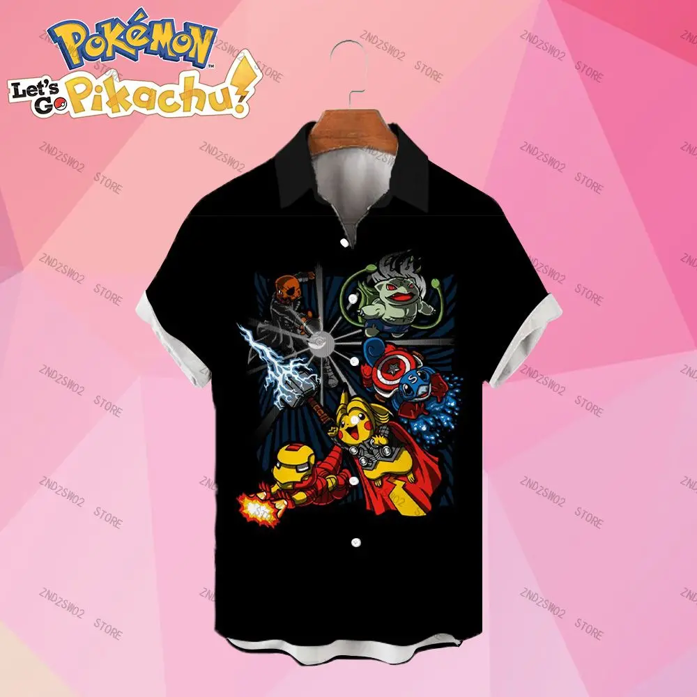 

2022 Summer New Hawaii Parent-child Wear Luxury Man Shirts Pikachu Clothes Men Beach Style Gulf Oversized Blouse Trendy S-5XL