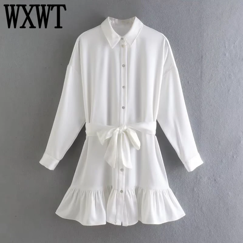 

Женское атласное мини-платье WXWT, элегантное офисное платье с ламинатным узором, длинным рукавом и отложным воротником, 2022