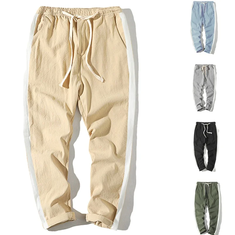 

New Men's Pants, White Stripes, Men's Casual Pants, Cotton and Linen Nine-point Pants, Harem Pants,Youth Drawstring Pants